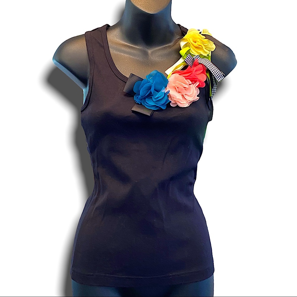 Coconut womens tank all cotton black with detailing floral colorful boho small